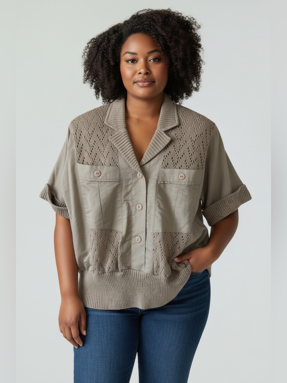 *Sideffects Short-Sleeve Knit Button-up Top | NWT